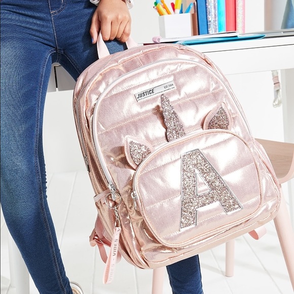 Justice Accessories Rose Gold Quilted Unicorn Initial Backpack Bag